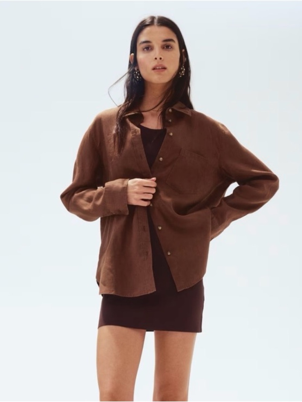 H&M Linen 100% Premium Collared Button-Down Pocket Brown Shirt EUC Size - M